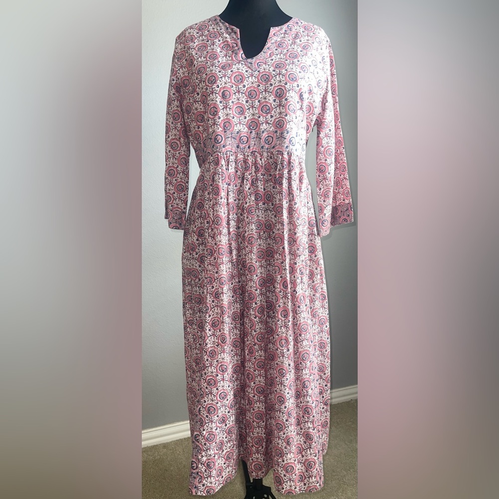 Anokhi Elegant Long Sleeve Floral Patterned Dress in Size Large 100% Cotton